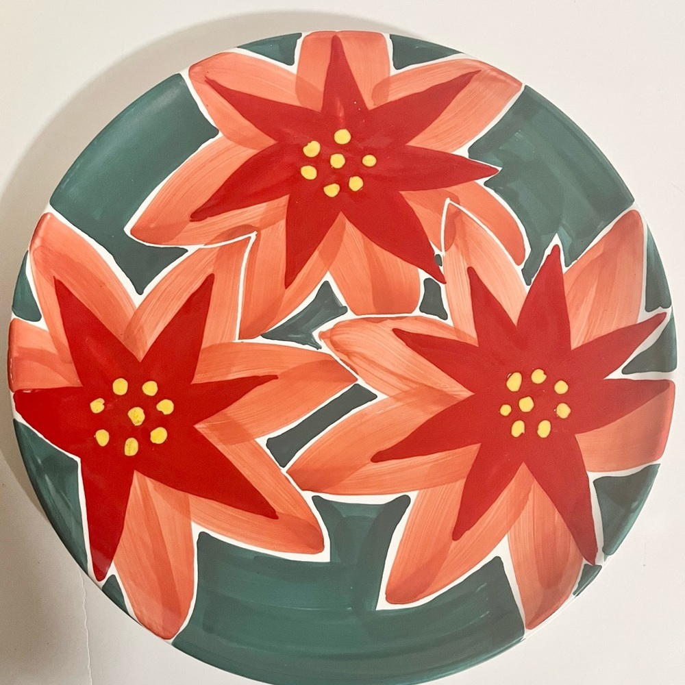 Pier 1 One Poinsettia 14" Serving Platter Chop Plate Ceramic Heavy EUC